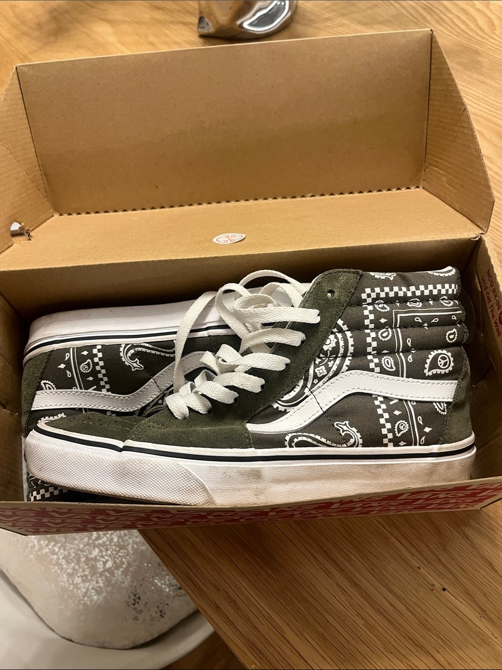 Vans Olive Green and White High-Top Sneakers with Bandana Pattern